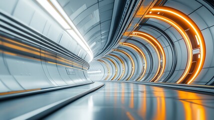 Futuristic tunnel with glowing orange lights, showcasing sleek design and modern architecture