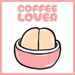 Hand-drawn digital illustration of a coffee bean inside its cherry with bold black outlines and 