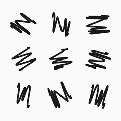 Scribble with a black marker. Set of nine doodle style various scribbles. Black hand drawn design elements on white background. Vector illustration