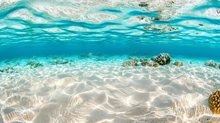Obraz premium Underwater Seascape Tropical shallows, white sand, vibrant coral, sunlight filtering through crystal-clear water. Ideal for travel brochures