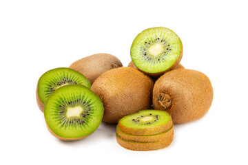 Kiwi isolated on white background. Whole fruit and slices pieces of kiwi on white background. fresh...
