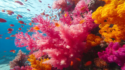 Fototapeta premium Vibrant coral reef teeming with fish, underwater scene, ocean background, ideal for marine conservation