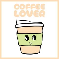 Hand-drawn digital illustration of a coffee cup with a smiling face and text 