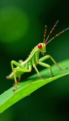 Fototapeta premium Spiny stick insect detail, vibrant green tropical foliage, spiny, macro
