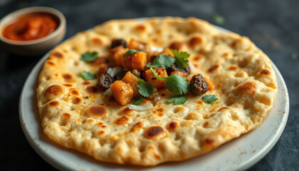 Flatbread with vegetables and fresh cilantro accompanied by side of tasty sauce on plate