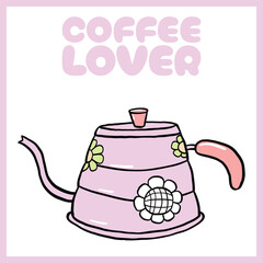 Hand-drawn illustration of a pink and purple floral teapot with a curved spout, featuring the phrase 
