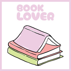 Hand-drawn illustration of stacked books with 