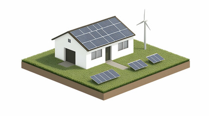 Sustainable House, Renewable Energy, Solar Panels, Wind Turbine, Green Grass, Isometric Illustration, Eco-Friendly Home