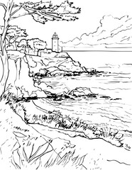 Fototapeta premium architecture, sketch, building, coloring page, drawing, church, vector, city, house, illustration, old, art, paris, town, design, europe, tower, castle, travel, home, cathedral, vintage, construction,