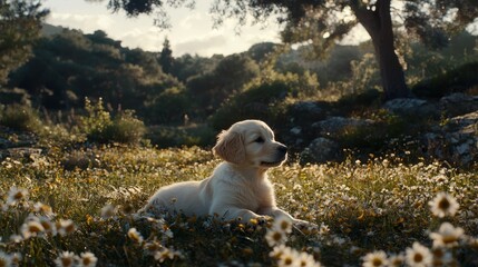 Adorable golden retriever puppy resting peacefully among beautiful wildflowers in a sunlit natural landscape during a serene summer day