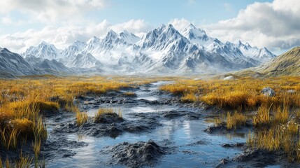 A serene landscape features majestic snow-capped mountains, a flowing stream, and golden grasslands under a clear blue sky.