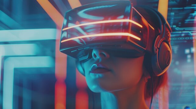 Person using virtual reality glasses in a high-tech environment