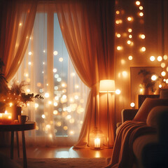 A cozy and warmly lit living space with a strong hygge-inspired atmosphere A wooden coffee table in the foreground holds an assortment of glowing candles, a rustic lantern, and a book