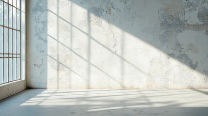 Minimalist empty room with textured wall and sunlight shadows