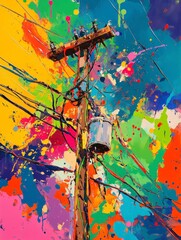 Colorful Abstract Painting of Utility Pole with Splattered Paint Background