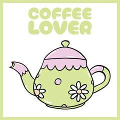 Illustrated teapot with floral design and pastel colors, Perfect for coffee or tea lovers, Vector