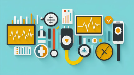 Digital Healthcare Monitoring Medical data visualized on devices, charts, and graphs on a blue background; for healthcare websites and presentations