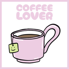 Hand-drawn pastel coffee cup with a smiling tea bag tag and 