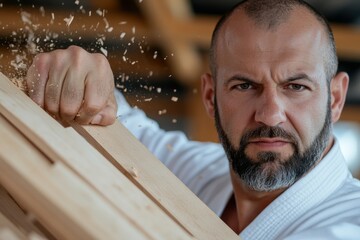 A focused martial artist displays sheer strength and concentration as he breaks wooden boards, embodying power and discipline in the art of martial arts.