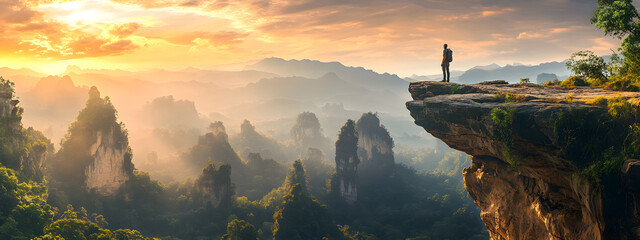 A man stands on the edge of an enormous cliff, overlooking vast mountains and forests under a golden sunset sky
