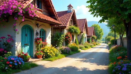 Colorful flowers adorning rustic homes on a sunny day, village, facade, cobblestone
