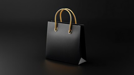 Black Shopping Bag with Gold Handles on Dark Background for Merchandise