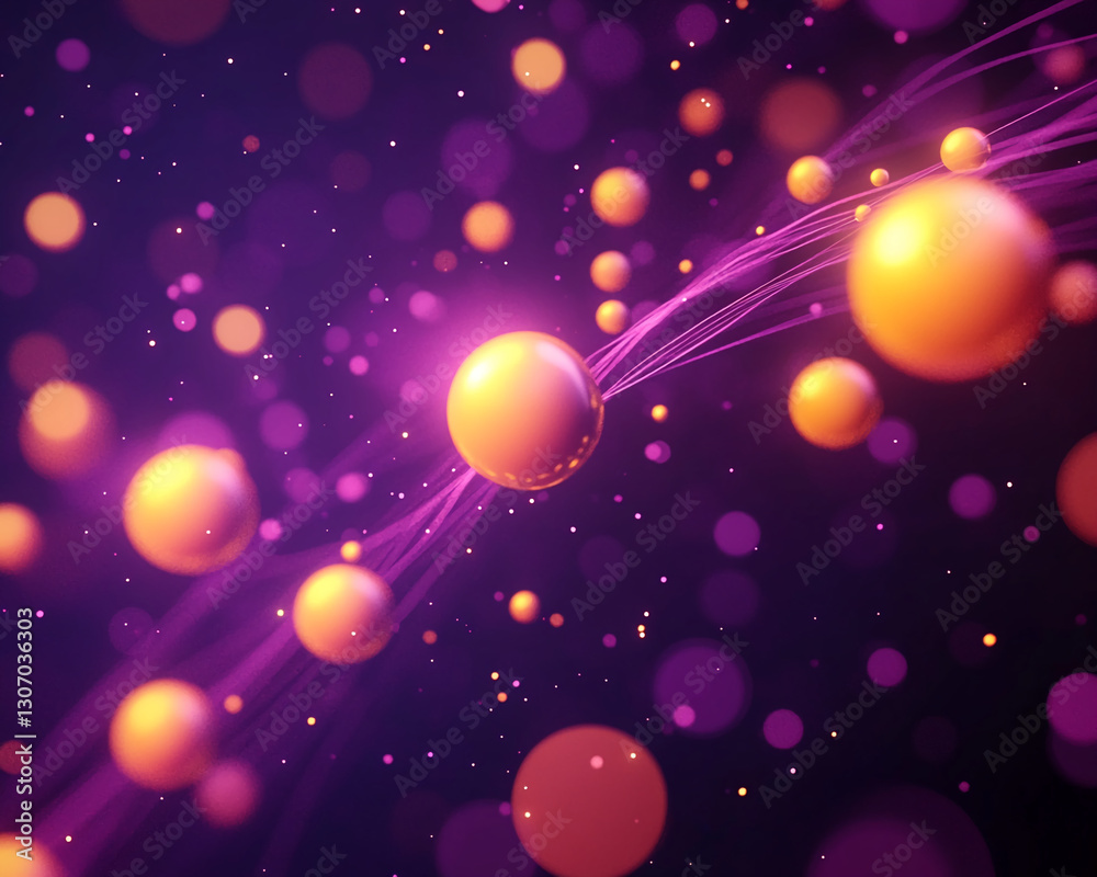Poster abstract image of glowing orange spheres and purple streaks on dark background, creating a dynamic a