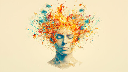 Serene face engulfed in fiery, blue splash, creative mind concept, beige background, ideal for mental health