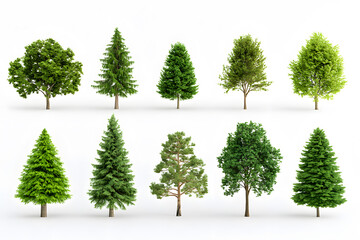 3d realistic green trees collection isolated on white background	
