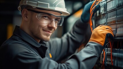 Obraz premium A worker in a hard hat and safety glasses adjusts equipment, showcasing precision and expertise in an industrial setting