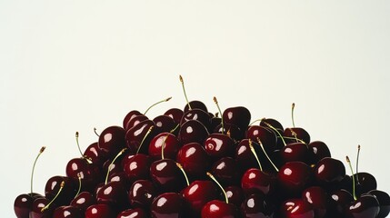 A pile of shiny, dark red cherries with green stems sits against a stark white background, glistening under bright light