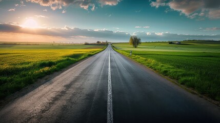 Fototapeta premium A Serene Road Through Lush Green Fields Towards the Horizon