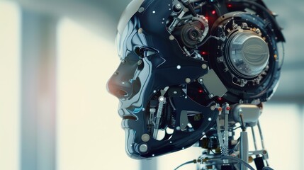 Fototapeta premium Robot head with human features engaged in virtual interaction