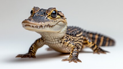 Obraz premium A striking close-up reveals an alligator's head and upper body, turning to the left. Its striking black-and-tan patterns add intensity to its formidable gaze