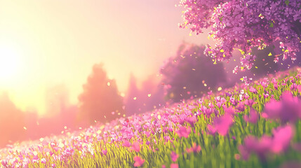 Fototapeta premium Pink blossom tree sunset meadow landscape, springtime floral field, idyllic nature scene, website background