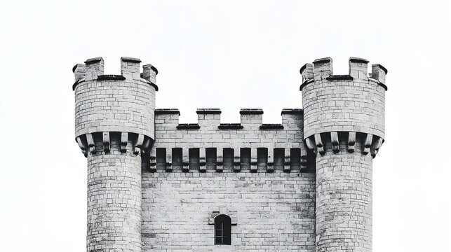 Historic Stone Castle Towers Against Clear Sky in Black and White