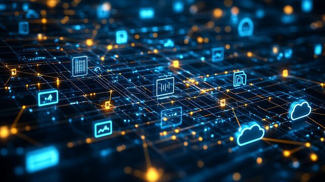 Layers of digital networks devices cloud icons interlinked in a seamless web depicting a tech ecosystem