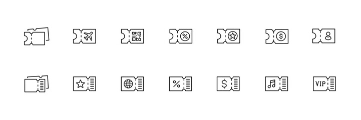 Vector ticket icons set featuring travel, event, and entertainment symbols.