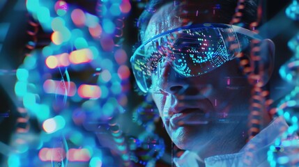Scientist Analyzing Holographic DNA with Augmented Reality Glasses