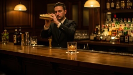 Bartender preparing cocktail in upscale bar ambiance, showcasing craftsmanship and social experience