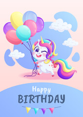 Happy children's birthday greeting card with unicorn, balloons, garland. Birthday party, celebration, greetings, invitation concept. Vector illustration.
