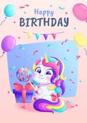 Happy children's birthday greeting card with unicorn, gift, lollipop, confetti, balloons, garland. Birthday party, celebration, greetings, invitation concept. Vector illustration.