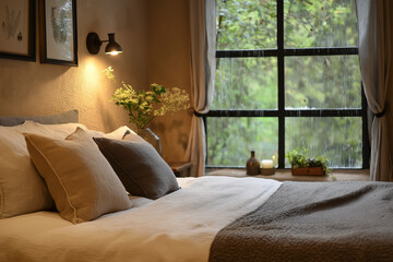 Cozy bed with organic linen sheets, rain tapping the window, ‘Sleep Like Never Before.