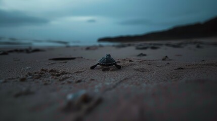 Fototapeta premium A small turtle makes its way to the water at dusk