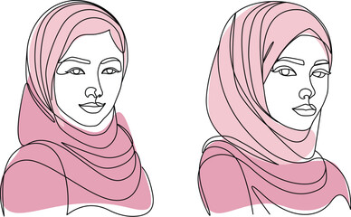 Muslim women's faces with hijab elegance line art drawing.