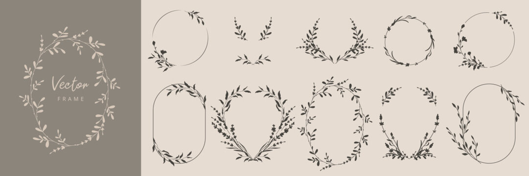 Collection of floral frames with silhouettes of branches, leaves and flowers. Hand drawn elegant delicate botanical borders and wreaths. Vector isolated elements for wedding invitation, card, logo