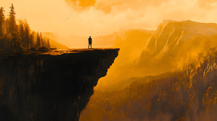 A man stands on the edge of an enormous cliff, overlooking vast mountains and forests under a golden sunset sky
