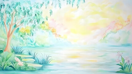 Fototapeta na wymiar Serene watercolor landscape tranquil lake, weeping willow, sunrise, steps to water, floral foreground, ideal for peaceful backdrop