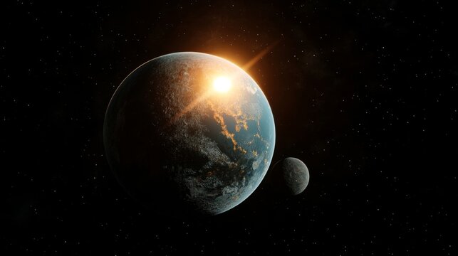 Earthrise, moon orbiting, starry space, sunrise