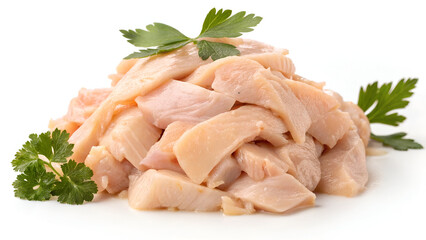 A heap of freshly pulled chicken meat, tender and juicy, isolated on a clean white background for a natural presentation.